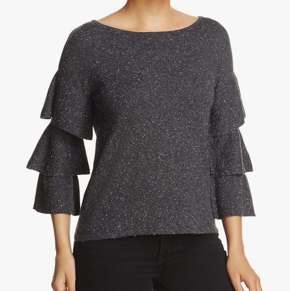 Express Black Silver Threaded Sparkly Tiered Bell Sleeve Top Size Large - Picture 1 of 10